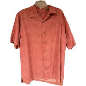 Tommy Bahama Silk Hawaiian Shirt Mens M Red Palm Trees All Over Print Golf Beach